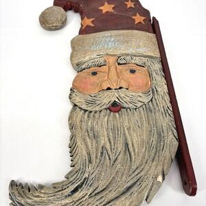 Vintage Wood Carved Santa Head Hand Painted Outdoor Holiday Decor 25 in
